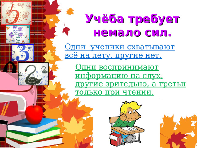 Учёба требует немало сил. Одни ученики схватывают всё на лету, другие нет . Одни воспринимают информацию на слух, другие зрительно, а третьи только при чтении. 