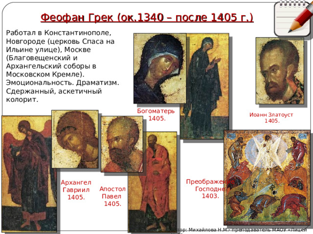  Феофан Грек (ок.1340 – после 1405 г.) Работал в Константинополе, Новгороде (церковь Спаса на Ильине улице), Москве (Благовещенский и Архангельский соборы в Московском Кремле). Эмоциональность. Драматизм. Сдержанный, аскетичный колорит. Богоматерь 1405. Иоанн Златоуст 1405. Преображение  Господне 1403. Архангел  Гавриил 1405. Апостол Павел 1405. Автор: Михайлова Н.М.- преподаватель МАОУ «Лицей № 21» 