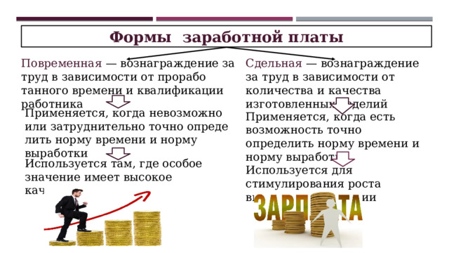 Формы заработной платы Повременная — возна­граждение за труд в за­висимости от прорабо­танного времени и ква­лификации работника Сдельная — вознаграждение за труд в зависимости от количества и качества изготовленных изделий Применяется, когда не­возможно или затруд­нительно точно опреде­лить норму времени и норму выработки Применяется, когда есть возмож­ность точно определить норму време­ни и норму выработки Используется там, где особое значение имеет высокое качество про­дукции Используется для стимулирования роста выработки продукции 