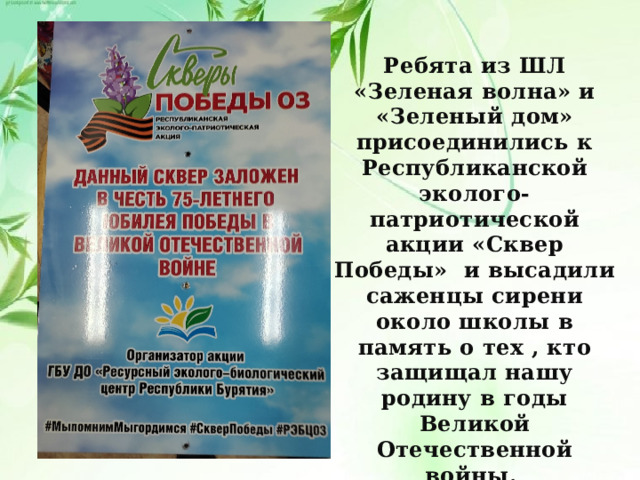 Ребята из ШЛ «Зеленая волна» и «Зеленый дом» присоединились к Республиканской эколого-патриотической акции «Сквер Победы» и высадили саженцы сирени около школы в память о тех , кто защищал нашу родину в годы Великой Отечественной войны. 