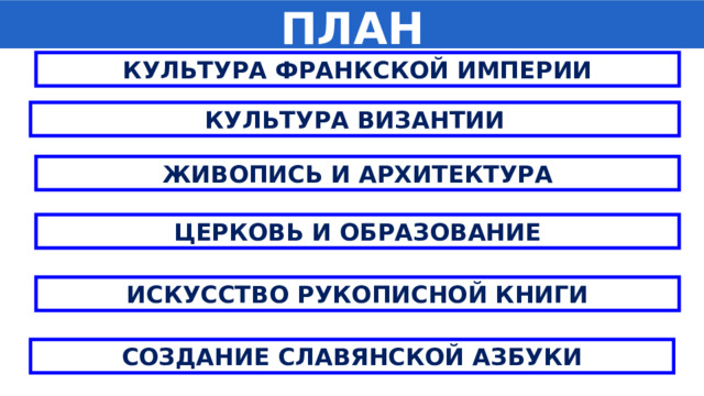 ПЛАН КУЛЬТУРА ФРАНКСКОЙ ИМПЕРИИ КУЛЬТУРА ВИЗАНТИИ ЖИВОПИСЬ И АРХИТЕКТУРА ЦЕРКОВЬ И ОБРАЗОВАНИЕ ИСКУССТВО РУКОПИСНОЙ КНИГИ СОЗДАНИЕ СЛАВЯНСКОЙ АЗБУКИ 