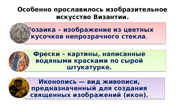 Мозаика – изображение из цветных кусочков непрозрачного стекла . Фрески – картины, написанные водяными красками по сырой штукатурке. Иконопись — вид живописи, предназначенный для создания священных изображений (икон). Особенно прославилось изобразительное искусство Византии. 