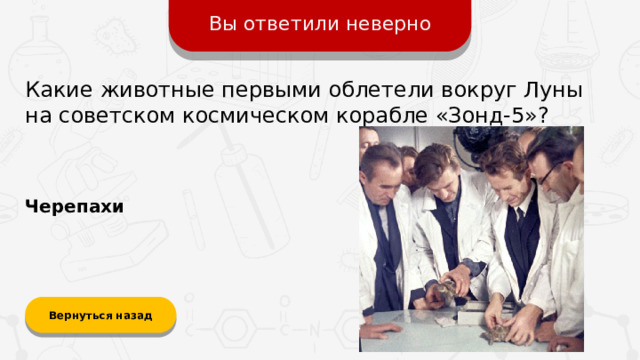 Вы ответили неверно Какие животные первыми облетели вокруг Луны на советском космическом корабле «Зонд-5»? Черепахи Вернуться назад  