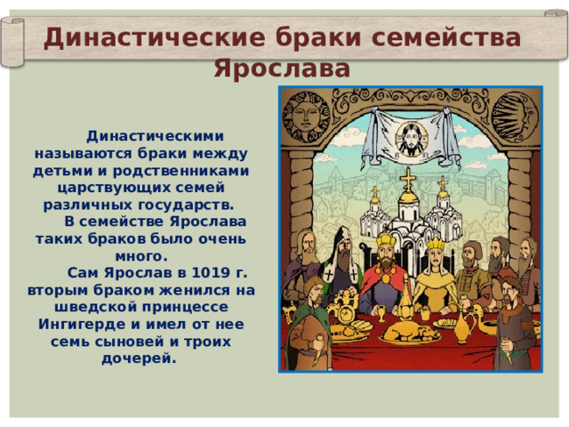 Династические браки семейст ва Ярослава Династическими называются браки между детьми и родственниками царствующих семей различных государств. В семействе Ярослава таких браков было очень много.  Сам Ярослав в 1019 г. вторым браком женился на шведской принцессе Ингигерде и имел от нее семь сыновей и троих дочерей.  
