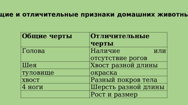 Общие и отличительные признаки домашних животных Общие черты Отличительные черты Голова Наличие или отсутствие рогов Шея Хвост разной длины туловище окраска хвост Разный покров тела 4 ноги Шерсть разной длины   Рост и размер 