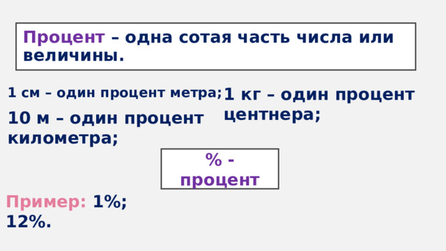 Процент – одна сотая часть числа или величины. 1 кг – один процент центнера; 1 см – один процент метра; 10 м – один процент километра; % - процент Пример: 1%; 12%. 