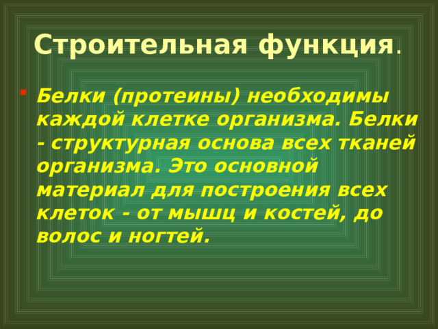 Строительная функция . Белки (протеины) необходимы каждой клетке организма. Белки - структурная основа всех тканей организма. Это основной материал для построения всех клеток - от мышц и костей, до волос и ногтей.  