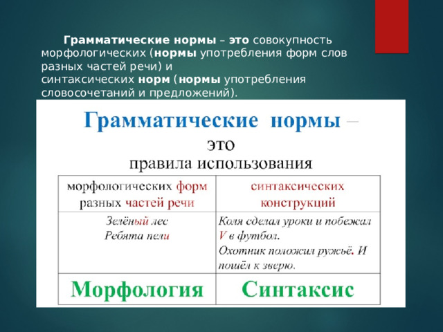  Грамматические нормы  –  это  совокупность морфологических ( нормы  употребления форм слов разных частей речи) и синтаксических  норм  ( нормы  употребления словосочетаний и предложений). 