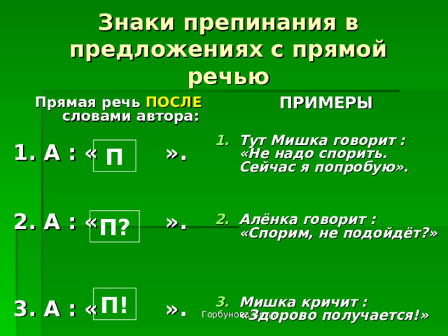 Знаки препинания в предложениях с прямой речью ПРИМЕРЫ  Тут Мишка говорит : «Не надо спорить. Сейчас я попробую».   Алёнка говорит : «Спорим, не подойдёт?»    Мишка кричит : «Здорово получается!» Прямая речь ПОСЛЕ словами автора:  1. А : « ».    2. А : « ».   3. А : « ». П П? П! Горбунова Ирна 
