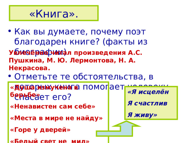 «Книга». Как вы думаете, почему поэт благодарен книге? (факты из биографии).  Отметьте те обстоятельства, в которых книга помогает человеку, спасает его?  Увлечённо читал произведения А.С. Пушкина, М. Ю. Лермонтова, Н. А. Некрасова. «Душа измучена в борьбе» «Ненавистен сам себе» «Места в мире не найду» «Горе у дверей» «Белый свет не мил» «Я исцелён Я счастлив Я живу» 
