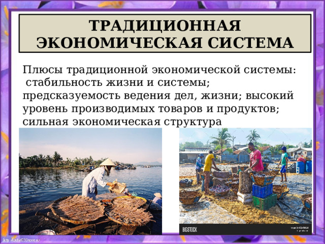 ТРАДИЦИОННАЯ ЭКОНОМИЧЕСКАЯ СИСТЕМА Плюсы традиционной экономической системы:  стабильность жизни и системы; предсказуемость ведения дел, жизни; высокий уровень производимых товаров и продуктов; сильная экономическая структура  