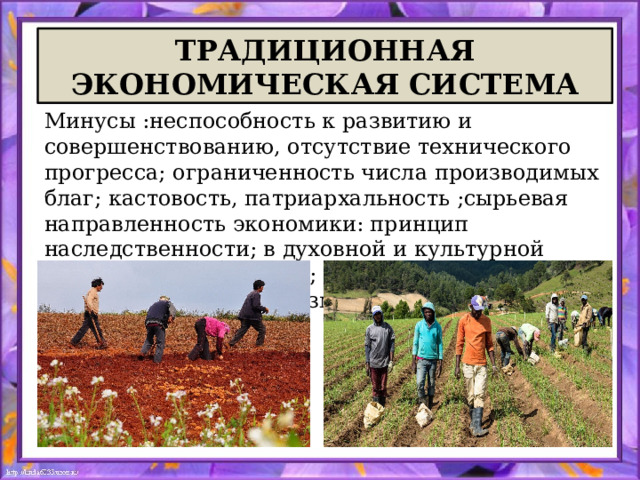 ТРАДИЦИОННАЯ ЭКОНОМИЧЕСКАЯ СИСТЕМА Минусы :неспособность к развитию и совершенствованию, отсутствие технического прогресса; ограниченность числа производимых благ; кастовость, патриархальность ;сырьевая направленность экономики: принцип наследственности; в духовной и культурной областях консерватизм; плохая приспособляемость к изменению внешних условий     
