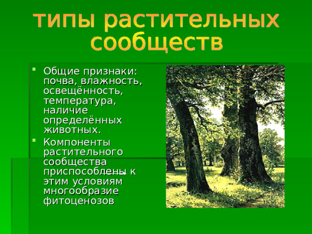 Общие признаки: почва, влажность, освещённость, температура, наличие определённых животных. Компоненты растительного сообщества приспособлены к этим условиям многообразие фитоценозов  