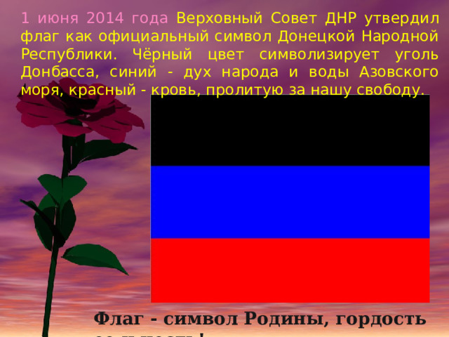 1 июня 2014 года Верховный Совет ДНР утвердил флаг как официальный символ Донецкой Народной Республики. Чёрный цвет символизирует уголь Донбасса, синий - дух народа и воды Азовского моря, красный - кровь, пролитую за нашу свободу. Флаг - символ Родины, гордость ее и честь! 