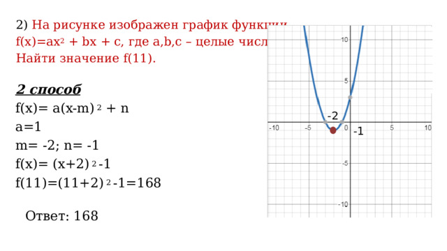 2) На рисунке изображен график функции f(x)=ax 2 + bx + c, где a,b,c – целые числа. Найти значение f(11). 2 способ f(x)= a(x-m) 2 + n a=1 m= -2; n= -1 f(x)= (x+2) 2 -1 f(11)=(11+2) 2 -1=168 -2 -1 Ответ: 168 