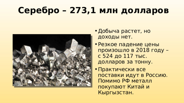   Серебро – 273,1 млн долларов   Добыча растет, но доходы нет. Резкое падение цены произошло в 2018 году – с 524 до 117 тыс. долларов за тонну. Практически все поставки идут в Россию. Помимо РФ металл покупают Китай и Кыргызстан. 