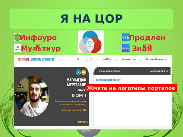 Я НА ЦОР Инфоурок Продленка Мультиурок Знанио Жмите на логотипы порталов 