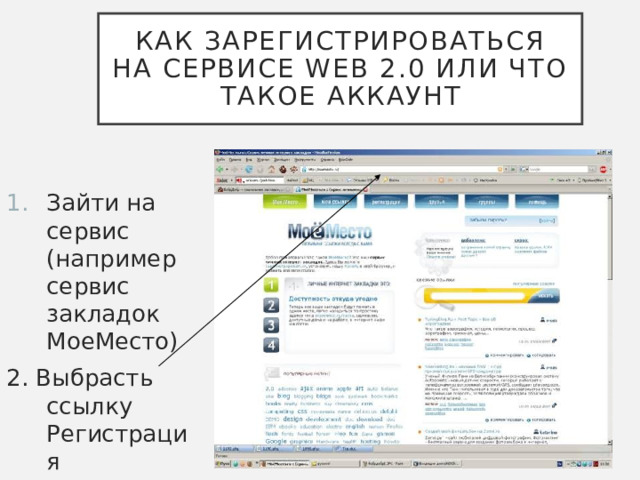 Как зарегистрироваться на сервисе WEB 2.0 или что такое аккаунт Зайти на сервис (например сервис закладок МоеМесто) 2. Выбрасть ссылку Регистрация 