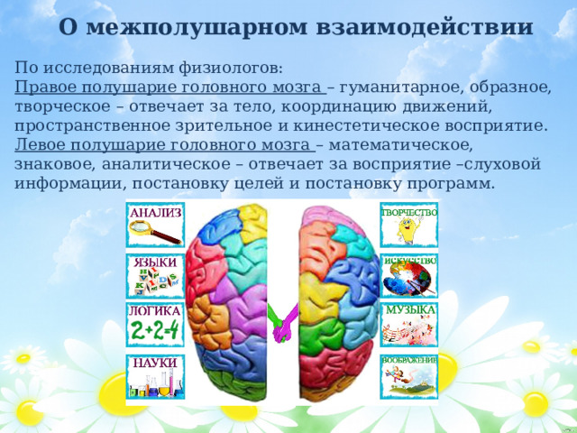 О межполушарном взаимодействии По исследованиям физиологов: Правое полушарие головного мозга – гуманитарное, образное, творческое – отвечает за тело, координацию движений, пространственное зрительное и кинестетическое восприятие. Левое полушарие головного мозга – математическое, знаковое, аналитическое – отвечает за восприятие –слуховой информации, постановку целей и постановку программ. 
