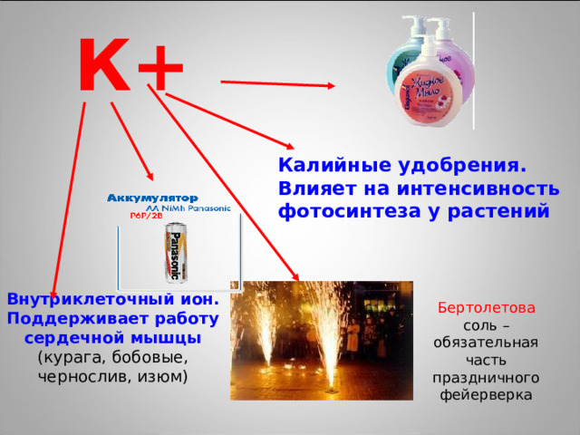  К+   Калийные удобрения . Влияет на интенсивность фотосинтеза у растений Внутриклеточный ион . Поддерживает работу сердечной мышцы (курага, бобовые, чернослив, изюм) Бертолетова соль – обязательная часть праздничного фейерверка 22 