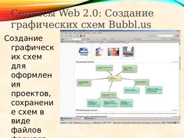 Сервисы Web 2.0: Создание графических схем Bubbl.us Создание графических схем для оформления проектов, сохранение схем в виде файлов формата jpeg 