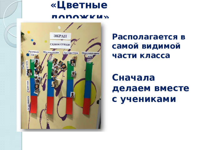 «Цветные дорожки» Располагается в самой видимой части класса  Сначала  делаем вместе с учениками 