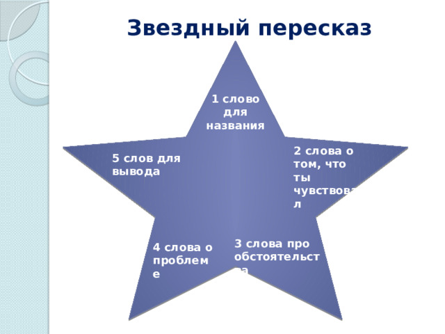 Звездный пересказ 1 слово для названия 2 слова о том, что ты чувствовал 5 слов для вывода 3 слова про обстоятельства 4 слова о проблеме 