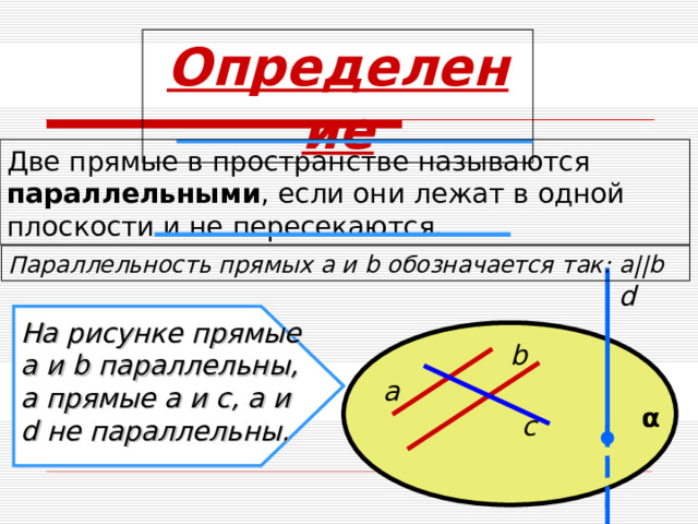 Определение Две прямые в пространстве называются параллельными , если они лежат в одной плоскости и не пересекаются. Параллельность прямых a и b обозначается так: a || b d На рисунке прямые a и b параллельны, а прямые a и c , a и d не параллельны. b a α c 4 