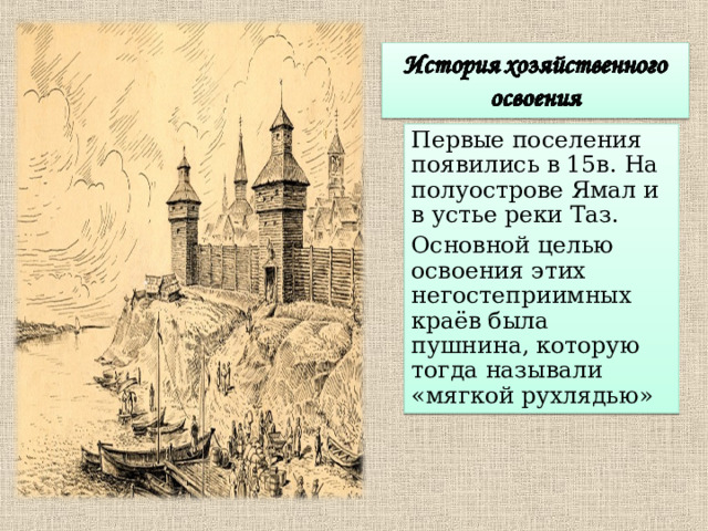 Первые поселения появились в 15в. На полуострове Ямал и в устье реки Таз. Основной целью освоения этих негостеприимных краёв была пушнина, которую тогда называли «мягкой рухлядью» 
