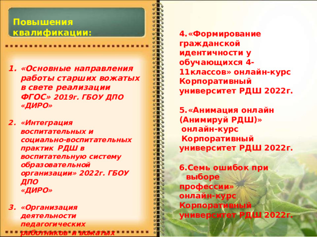 Повышения  квалификации : «Формирование гражданской  идентичности  у обучающихся  4- 11классов» онлайн- курс  Корпоративный университет  РДШ  2022г. «Анимация  онлайн (Анимируй РДШ)» онлайн-курс  Корпоративный университет  РДШ  2022г. Семь  ошибок  при выборе профессии» онлайн- курс  Корпоративный университет  РДШ  2022г. «Основные  направления работы  старших  вожатых  в свете  реализации  ФГОС» 2019г.  ГБОУ  ДПО  «ДИРО» «Интеграция  воспитательных  и социально-воспитательных практик  РДШ  в  воспитательную систему  образовательной организации»  2022г.  ГБОУ  ДПО «ДИРО» «Организация  деятельности педагогических  работников  и вожатых  организаций  отдыха детей  и  оздоровления» 2022гГБОУ  ДПО  «ДИРО» 