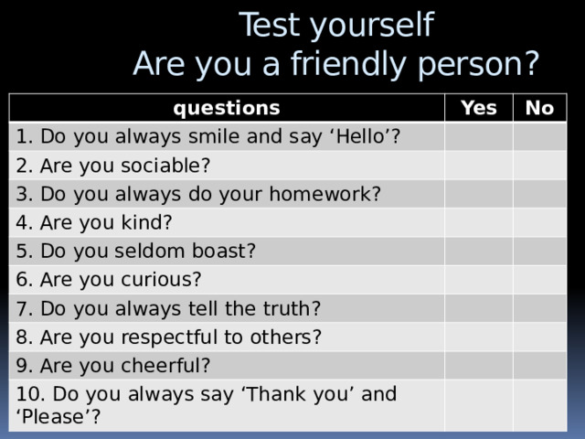 Test yourself  Are you a friendly person? questions Yes 1. Do you always smile and say ‘Hello’? No 2. Are you sociable? 3. Do you always do your homework? 4. Are you kind? 5. Do you seldom boast? 6. Are you curious? 7. Do you always tell the truth? 8. Are you respectful to others? 9. Are you cheerful? 10. Do you always say ‘Thank you’ and ‘Please’? 