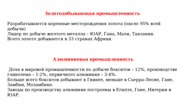 Золотодобывающая промышленность  Разрабатываются коренные месторождения золота (около 95% всей добычи) Лидер по добыче желтого металла – ЮАР, Гана, Мали, Танзания. Всего золото добывается в 33 странах Африки. Алюминиевая промышленность   Доля в мировой промышленности по добыче бокситов – 12%, производстве глинозема – 1-2%, первичного алюминия – 3-4%. Больше всего бокситов добывают в Гвинее, меньше в Сьерра-Леоне, Гане, Замбии, Мозамбике. Заводы по производству алюминия построены в Египте, Гане, Нигерии и ЮАР. 