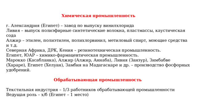 Химическая промышленность  г. Александрия (Египет) – завод по выпуску винилхлорида Ливия – выпуск полиэфирные синтетические волокна, пластмассы, каустическая сода Алжир – этилен, полиэтилен, полихлорвинил, метиловый спирт, моющие средства и т.д. Северная Африка, ДРК, Кения – резинотехническая промышленность. Египет, ЮАР – химико-фармацевтическая промышленность. Марокко (Касабланка), Алжир (Алжир, Аннаба), Ливия (Занзур), Зимбабве (Хараре), Египет (Хелуан), Замбия на Мадагаскаре и др. – производство фосфорных удобрений. Обрабатывающая промышленность  Текстильная индустрия – 1/3 работников обрабатывающей промышленности Ведущая роль – х/б (Египет – 1 место) 