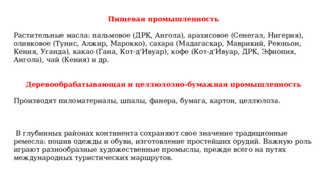 Пищевая промышленность Растительные масла: пальмовое (ДРК, Ангола), арахисовое (Сенегал, Нигерия), оливковое (Тунис, Алжир, Марокко), сахара (Мадагаскар, Маврикий, Реюньон, Кения, Уганда), какао (Гана, Кот-д’Ивуар), кофе (Кот-д’Ивуар, ДРК, Эфиопия, Ангола), чай (Кения) и др.   Деревообрабатывающая и целлюлозно-бумажная промышленность  Производят пиломатериалы, шпалы, фанера, бумага, картон, целлюлоза.  В глубинных районах континента сохраняют свое значение традиционные ремесла: пошив одежды и обуви, изготовление простейших орудий. Важную роль играют разнообразные художественные промыслы, прежде всего на путях международных туристических маршрутов. 