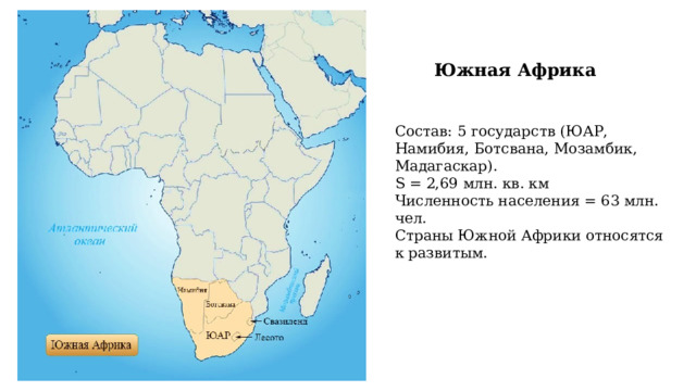 Южная Африка Состав: 5 государств (ЮАР, Намибия, Ботсвана, Мозамбик, Мадагаскар). S = 2,69 млн. кв. км Численность населения = 63 млн. чел. Страны Южной Африки относятся к развитым. 