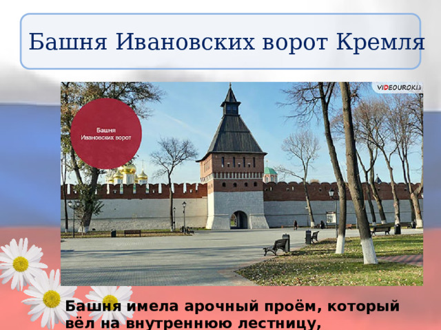 Башня Ивановских ворот Кремля Башня имела арочный проём, который вёл на внутреннюю лестницу, выходившую на стены кремля. 