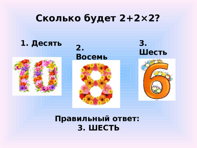 Сколько будет 2+2×2?   1. Десять 3. Шесть 2. Восемь  Правильный ответ: 3. ШЕСТЬ 