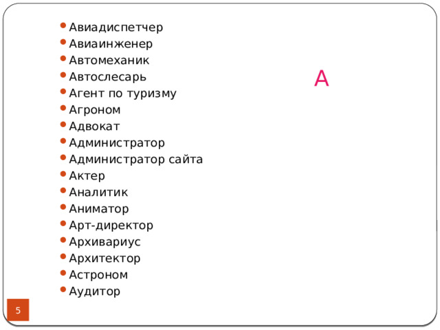 Авиадиспетчер Авиаинженер Автомеханик Автослесарь Агент по туризму Агроном Адвокат Администратор Администратор сайта Актер Аналитик Аниматор Арт-директор Архивариус Архитектор Астроном Аудитор А  
