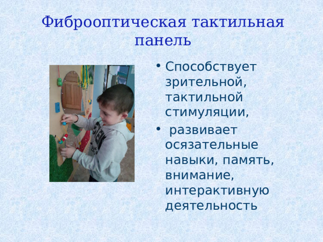 Фиброоптическая тактильная панель Способствует зрительной, тактильной стимуляции,  развивает осязательные навыки, память, внимание, интерактивную деятельность 