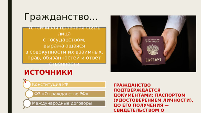 Гражданство… Устойчивая правовая связь лица с государством, выражающаяся в совокупности их взаимных, прав, обязанностей и ответ ственности ИСТОЧНИКИ: Конституция РФ ГРАЖДАНСТВО ПОДТВЕРЖДАЕТСЯ ДОКУМЕНТАМИ: ПАСПОРТОМ (УДОСТОВЕРЕНИЕМ ЛИЧНОСТИ), ДО ЕГО ПОЛУЧЕНИЯ — СВИДЕТЕЛЬСТВОМ О РОЖДЕНИИ. ФЗ «О гражданстве РФ» Международные договоры 