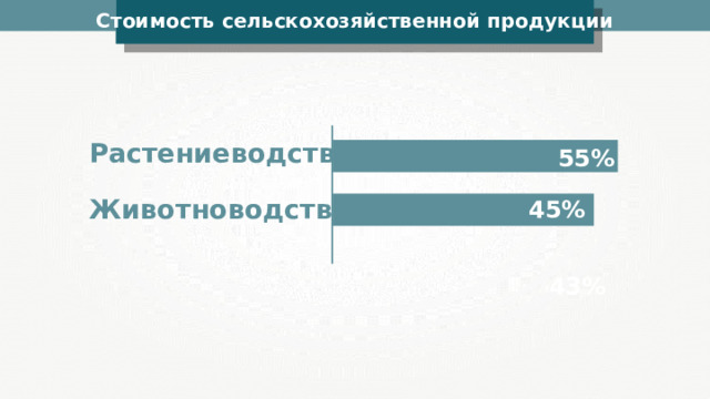 Стоимость сельскохозяйственной продукции Растениеводство 55% Животноводство 45% 43% 