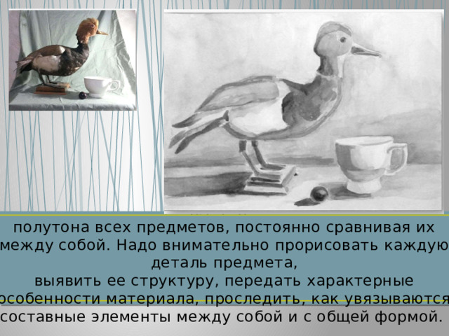 Уплотняем  полутона всех предметов, постоянно сравнивая их между собой. Надо внимательно прорисовать каждую деталь предмета,  выявить ее структуру, передать характерные особенности материала, проследить, как увязываются составные элементы между собой и с общей формой. 