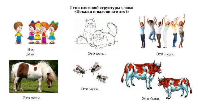 I тип слоговой структуры слова: «Покажи и назови кто это?» Это дети . Это коты . Это люди . Это мухи . Это пони . Это быки . 