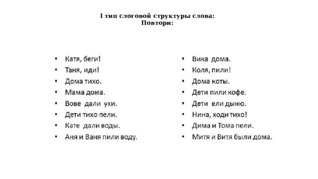 I тип слоговой структуры слова: Повтори: 