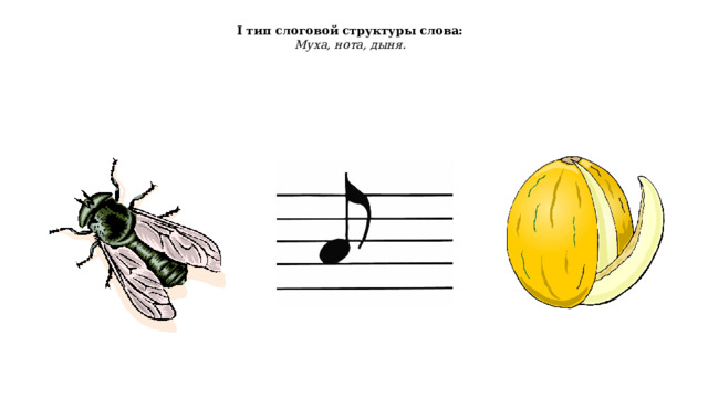 I тип слоговой структуры слова: Муха, нота, дыня. 