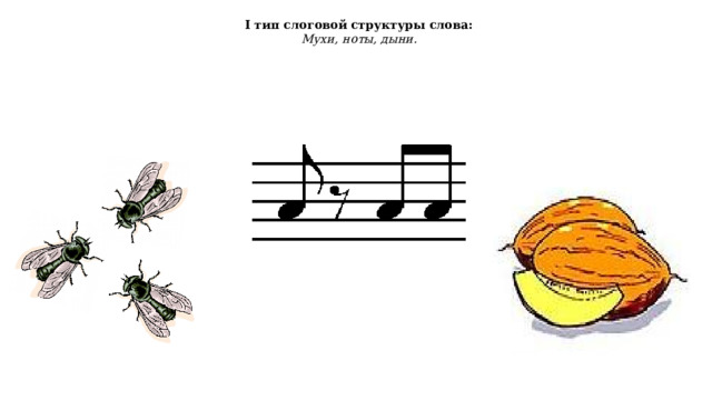 I тип слоговой структуры слова: Мухи, ноты, дыни. 