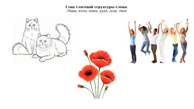 I тип слоговой структуры слова: Люди, коты, маки, куда, туда, тихо 