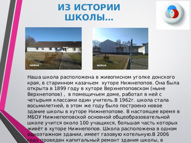 ИЗ ИСТОРИИ ШКОЛЫ… Наша школа расположена в живописном уголке донского края, в старинном казачьем хуторе Нижнепопов. Она была открыта в 1899 году в хуторе Верхнепоповском (ныне Верхнепопов) , в помещичьем доме, работал в ней с четырьмя классами один учитель.В 1962г. школа стала восьмилетней, в этом же году было построено новое здание школы в хуторе Нижнепопове. В настоящее время в МБОУ Нижнепоповской основной общеобразовательной школе учится около 100 учащихся, большая часть которых живёт в хуторе Нижнепопов. Школа расположена в одном одноэтажном здании, имеет газовую котельную.В 2006 году проведен капитальный ремонт здания школы, в школе появилась новая мебель, оборудование. 