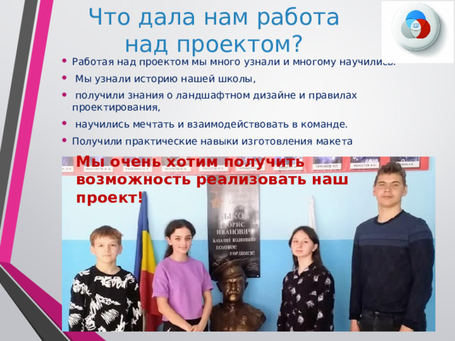 Что дала нам работа над проектом? Работая над проектом мы много узнали и многому научились.  Мы узнали историю нашей школы,  получили знания о ландшафтном дизайне и правилах проектирования,  научились мечтать и взаимодействовать в команде. Получили практические навыки изготовления макета Мы очень хотим получить возможность реализовать наш проект! 