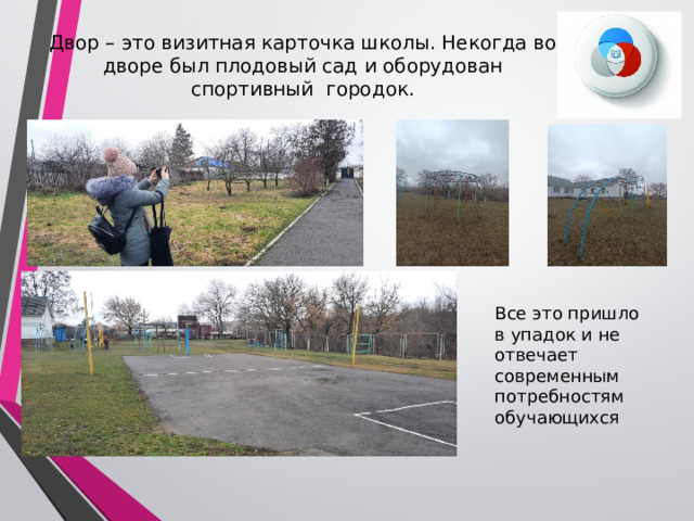 Двор – это визитная карточка школы. Некогда во дворе был плодовый сад и оборудован спортивный городок.   Все это пришло в упадок и не отвечает современным потребностям обучающихся 